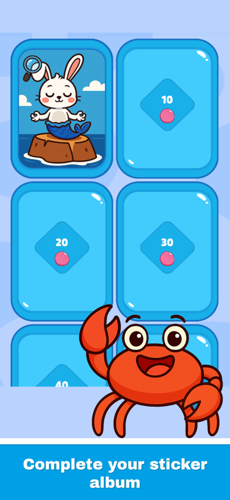A screen from MemoKids showing a sticker album with a rabbit mermaid card and a happy crab character