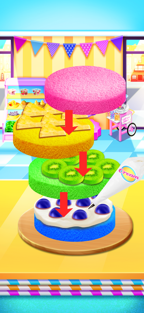 Sugar Chocolate Candy Maker - Stacking colorful rainbow cake layers with fruit toppings and cream in a kids cooking game