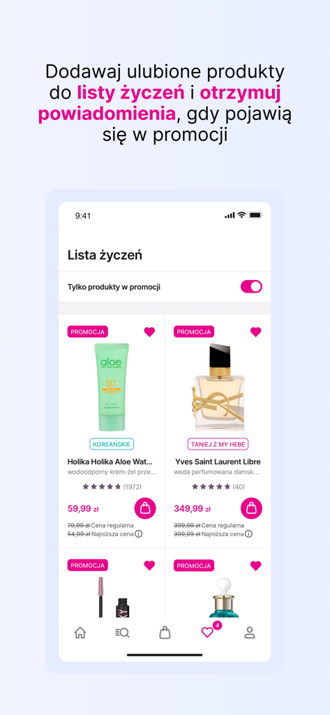 hebe - zdrowie i piękno - Hebe-App-Wunschlistenbildschirm mit Schönheitsprodukten und Sale-Benachrichtigungen.