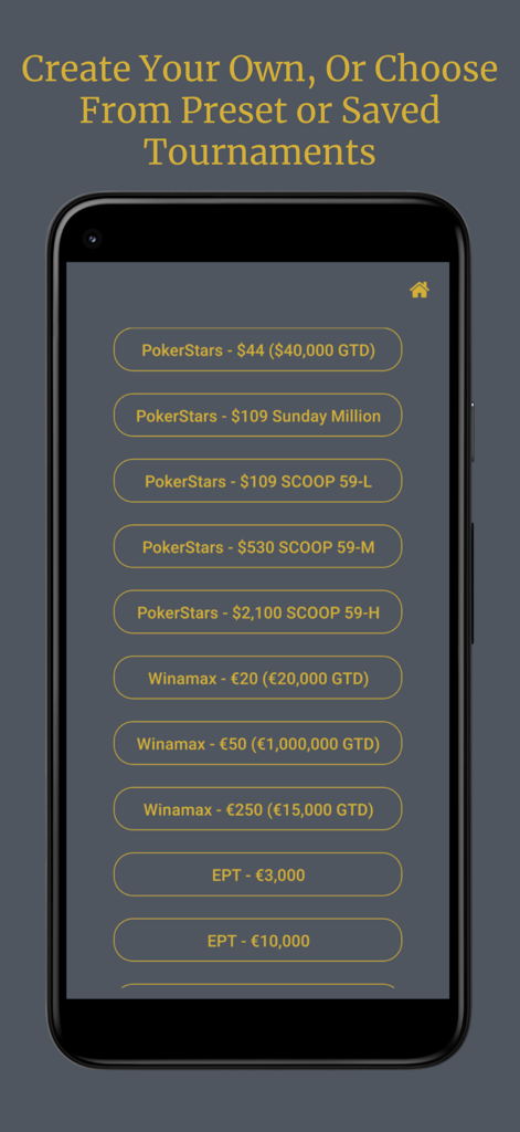 MB Poker Calculator - Mobile screen showing a list of preset poker tournaments from PokerStars, Winamax, and EPT for mystery bounty calculations.