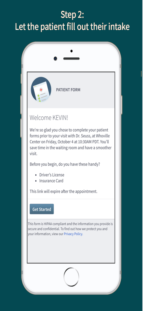 Un teléfono inteligente que muestra la pantalla de un formulario de admisión de pacientes digital de la aplicación Tebra Kiosk.