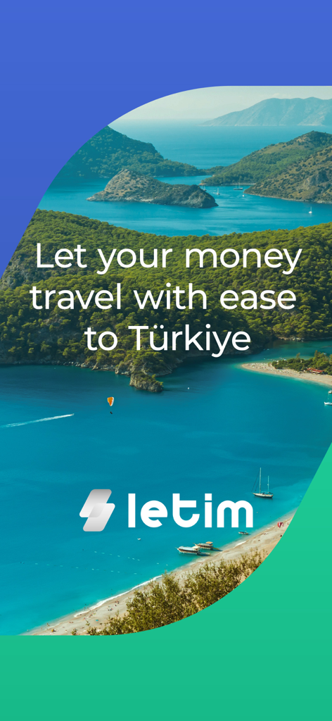 letim - トルコの美しい海岸線のプロモーション画面と簡単な旅行資金に関するテキストを表示するLetimアプリ
