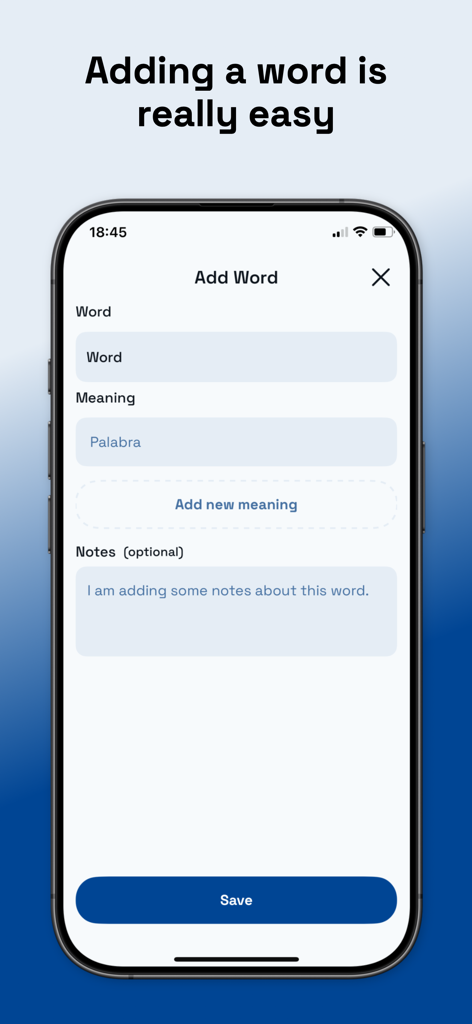 Smartphone screen showing the My Pocket app interface for adding a new word with fields for meaning and notes.