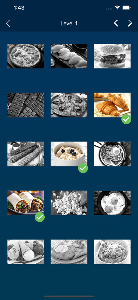 Food Quiz: Guess the Food - Level 1 selection screen of the Food Quiz game showing a grid of food dishes with green checkmarks on completed items