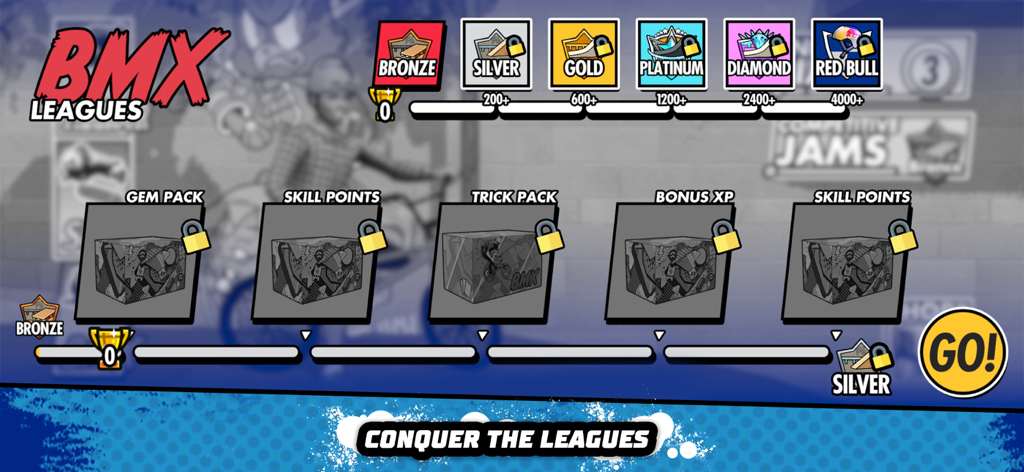 Red Bull Playgrounds - A screen from Red Bull Playgrounds showing the BMX Leagues progression system with rank tiers and unlockable reward packs