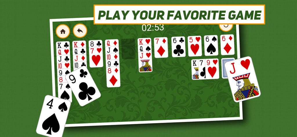 Solitaire: Classic & Klondike - Gameplay screenshot of a classic Spider Solitaire card game on a green background with a banner saying play your favorite game