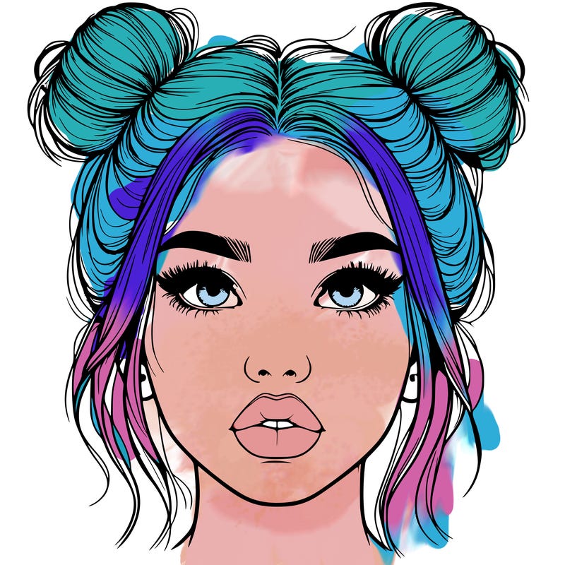 realistic girl with two buns on her hair and lips