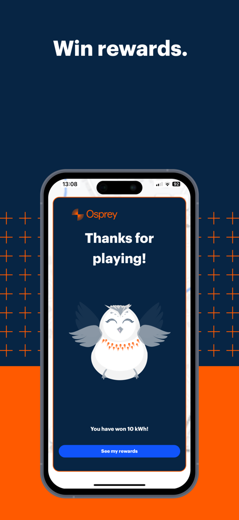 Osprey EV Charging app reward screen showing a 10kWh win with a cartoon owl mascot