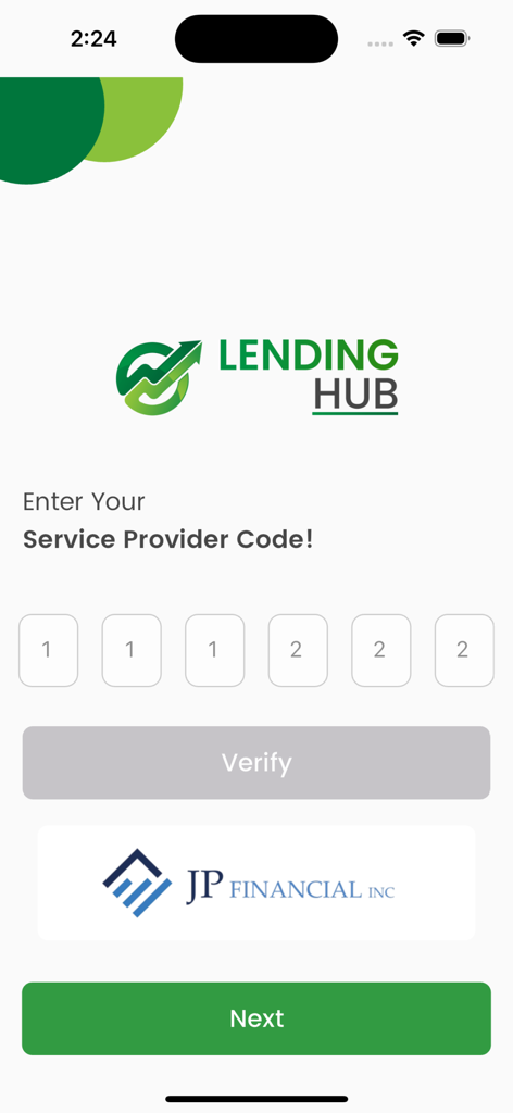 Lending-Hub - Lending-Hub mobile app screen to enter the service provider code for JP Financial Inc.