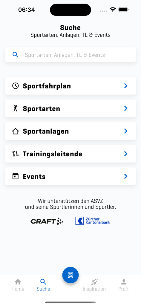 ASVZ - ASVZ mobile app search screen displaying categories for sports activities and facilities