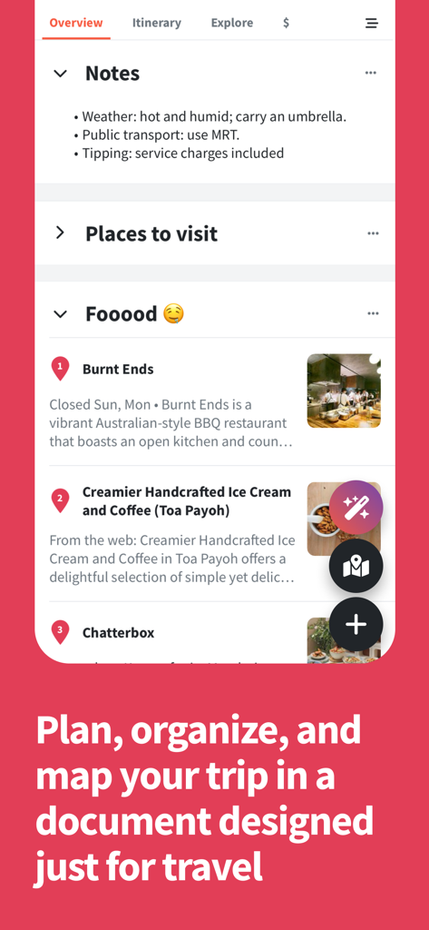 Wanderlog app interface showing a trip itinerary overview with travel notes and a list of restaurants