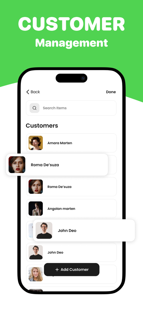 Invoice Maker - Simple Bills - Mobile app interface showing a searchable list of business customers with profile photos and names under a Customer Management header.