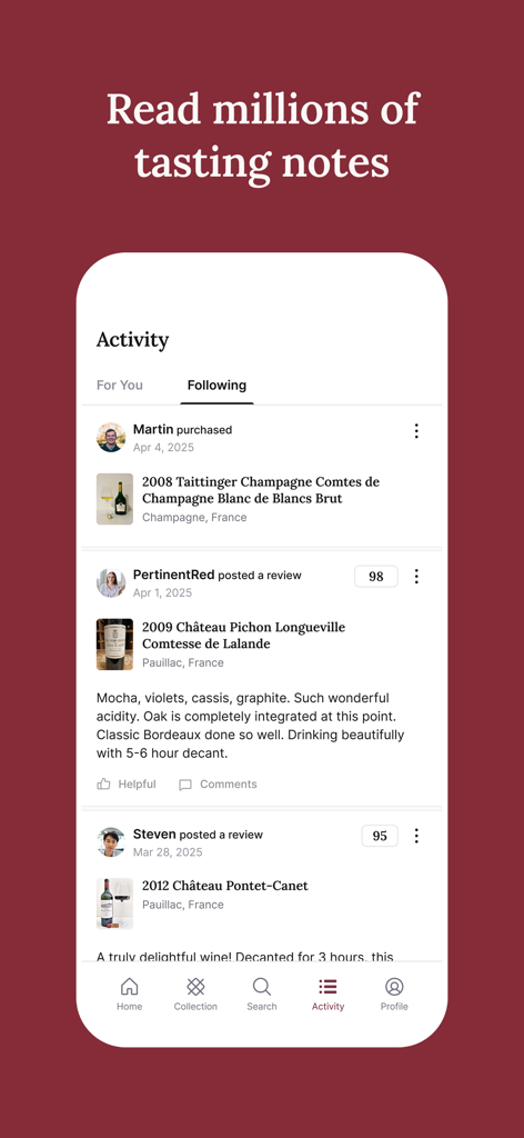 Activity feed in the CellarTracker app showing community wine reviews and ratings.