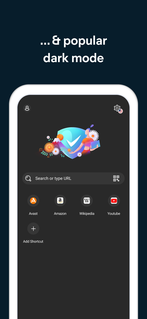 Interfaz de Avast Secure Browser en modo oscuro mostrando una barra de búsqueda y accesos directos a sitios web populares.