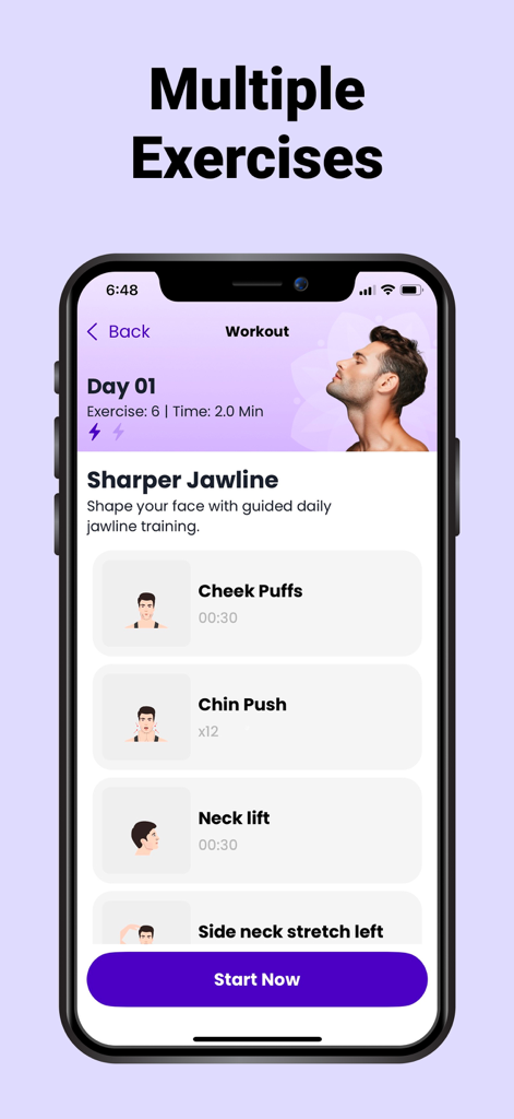 Una pantalla de smartphone que muestra una lista de ejercicios faciales, incluyendo inflar las mejillas y levantamientos de cuello, para lograr una mandíbula más marcada.