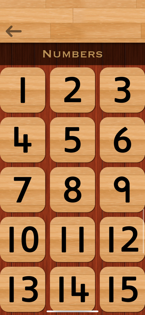 English 101 - Learn to Write - Una pantalla digital que muestra una cuadrícula de selección de números del 1 al 15 en fichas de madera dentro de la aplicación de aprendizaje English 101.