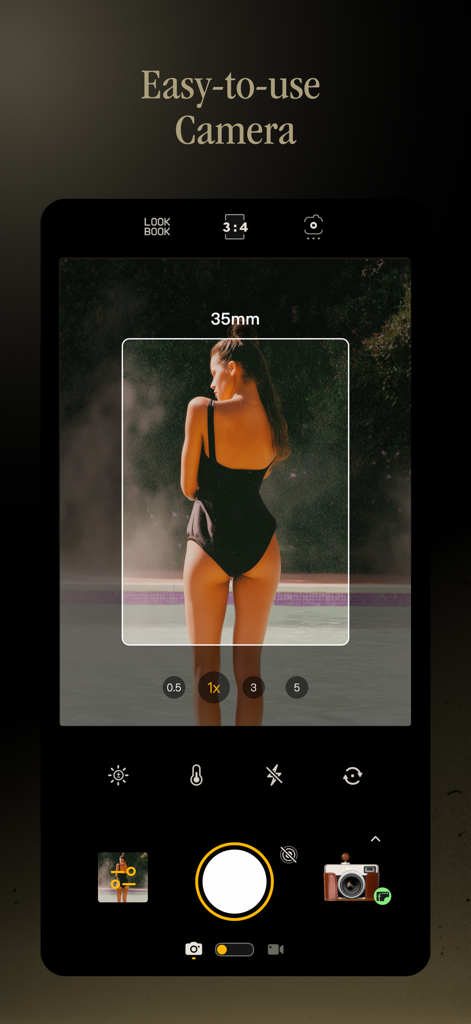 Snap it app interface showing a 35mm retro camera simulation with an easy-to-use control layout and a portrait of a woman.