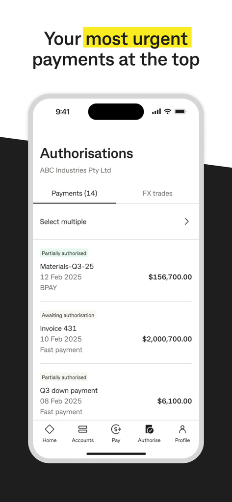 The authorisations screen of the CommBiz app showing pending business payments.