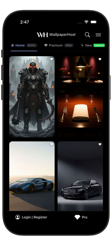 WallpaperHost: 4K Wallpapers - Home screen of the WallpaperHost app showing premium 4K wallpapers of cars and fantasy characters in a dark mode interface.