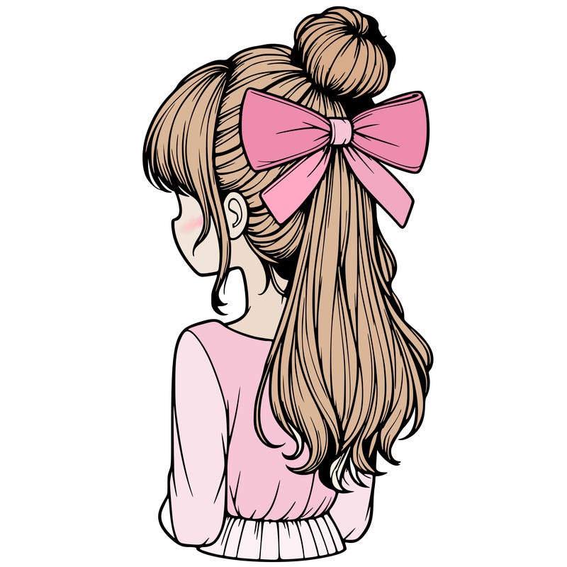 realistic girl  with hip length hair a bun and a big bow on the back of head