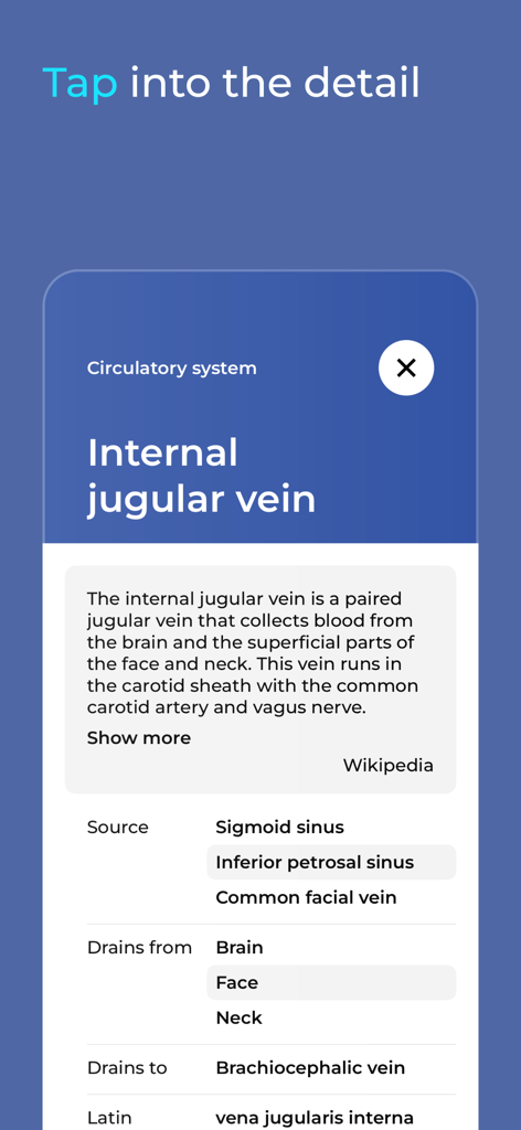 Une interface d'application mobile affichant des informations médicales détaillées sur la veine jugulaire interne, y compris sa fonction et ses connexions