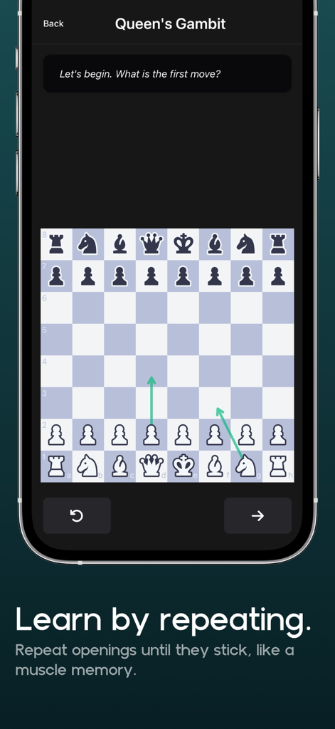 Schachbrett in der Theoria App, das die Damengambit-Eröffnung anzeigt, mit der Aufforderung zum ersten Zug.