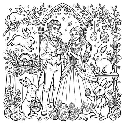 Step into a whimsical world where gothic elegance meets springtime joy with this unique Vampire Easter coloring page. Featuring sophisticated vampires alongside playful bunnies and intricately decorated eggs, it offers a truly distinctive coloring adventure.
