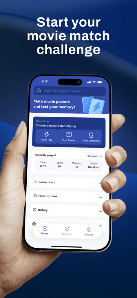 Read Progre: Movie Puzzle - Smartphone displaying the home screen of the Read Progre Movie Puzzle app featuring game modes and user statistics
