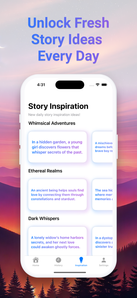 AI Story Generator: AI Writer - AI Story Generator app interface showing daily story inspiration ideas categorized by genres like Whimsical Adventures and Ethereal Realms