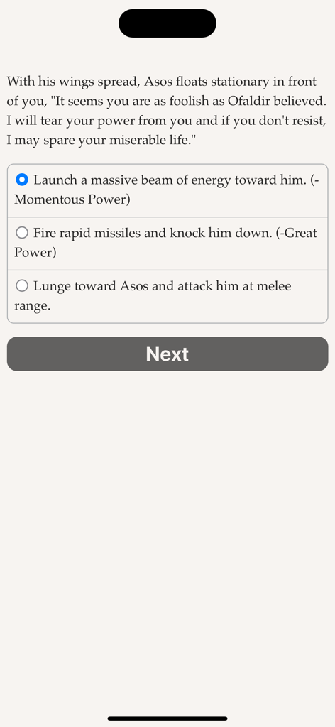 The Aether: Life as a God - A text based dialogue and combat choice menu in the game The Aether Life as a God.