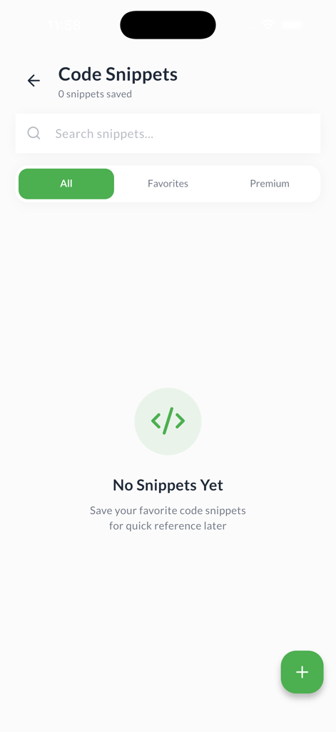 Learn Python Coding with AI - Empty code snippets screen in the Python learning app with search and add options