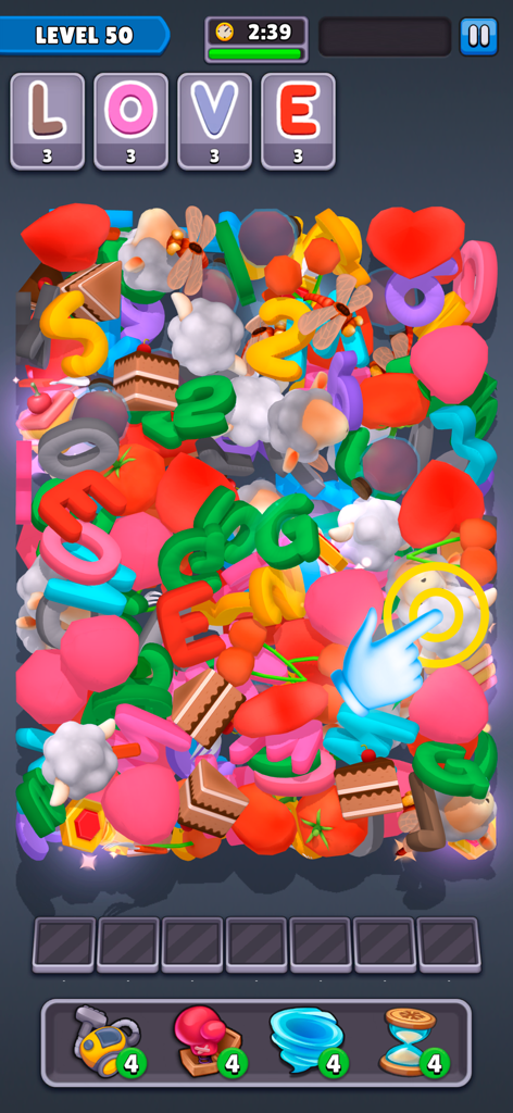 Match Junk: Triple Tile Puzzle - Gameplay screen of Match Junk Triple Tile Puzzle showing a cluttered pile of colorful 3D objects and level objectives