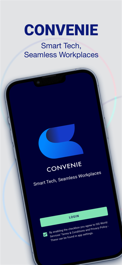 Convenie by ISS mobile app login screen with smart tech tagline and blue logo