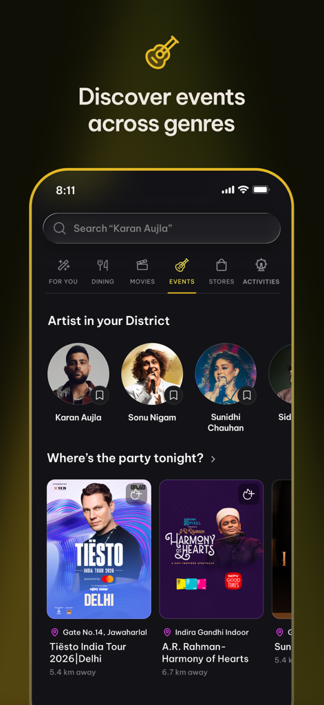 Interfaz de la aplicación District que muestra una pantalla de descubrimiento de eventos musicales y conciertos