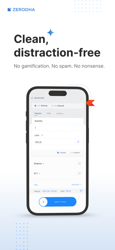 Zerodha Kite - Trade & Invest - Zerodha Kiteモバイルアプリの注文画面。クリーンで邪魔されない取引インターフェースが表示されています。