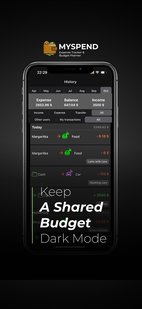 MySpend: Shared Budget Tracker - MySpend app dashboard showing shared budget expense history in dark mode