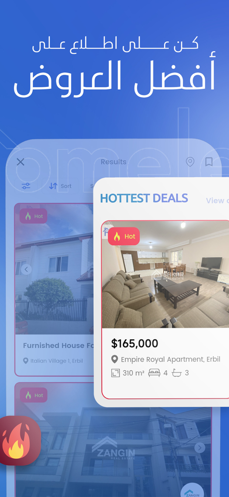 Real estate listings in the Homele app featuring hot property deals and apartment prices in Iraq
