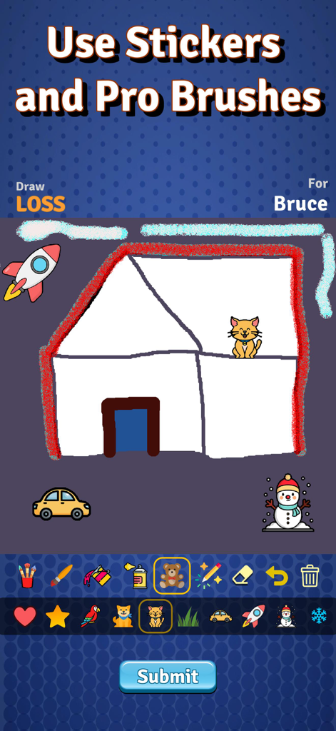 Screenshot of Draw With Buddies Multiplayer gameplay showing the use of stickers and professional brushes to draw a house with a cat and rocket