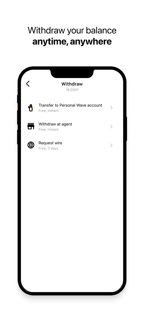 App mobile Wave Business che mostra le opzioni di prelievo del saldo, inclusi trasferimenti a conti personali e richieste di bonifico