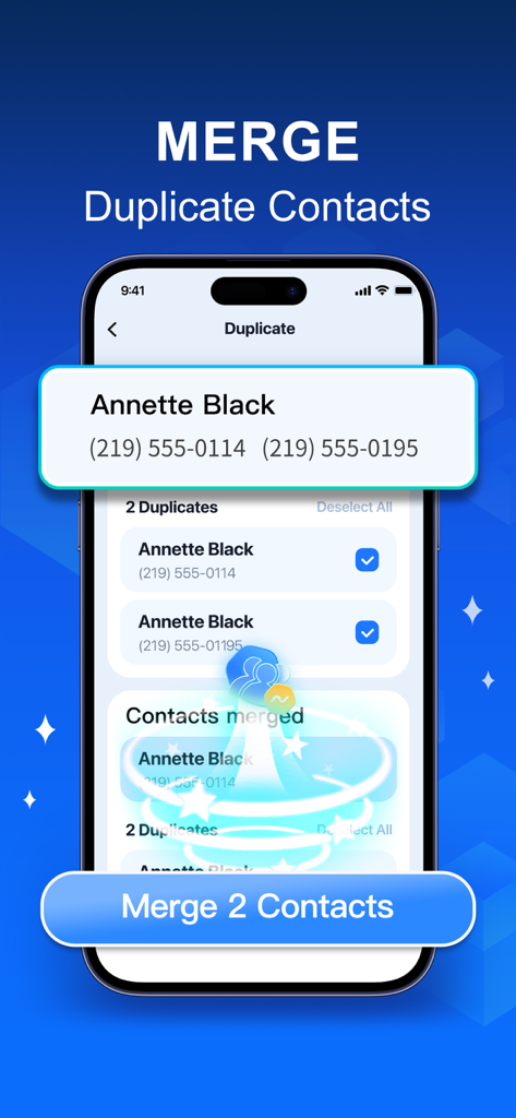 AI Cleaner: Storage Cleaner - Interfaz de la aplicación AI Cleaner que muestra la función de fusión de contactos duplicados