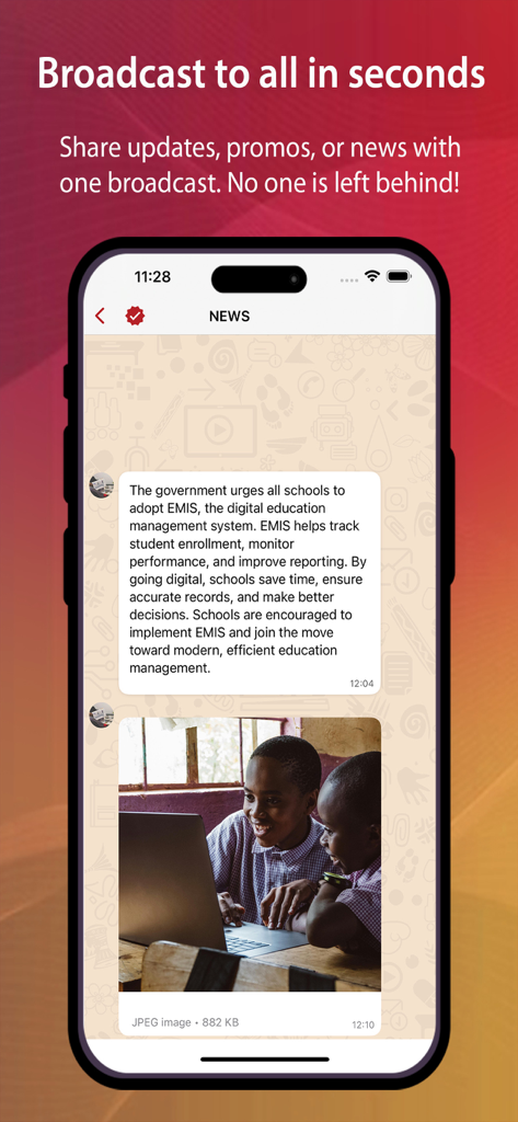 Arena Chat - Arena Chat interface showing a news broadcast message with text and an image on a mobile device