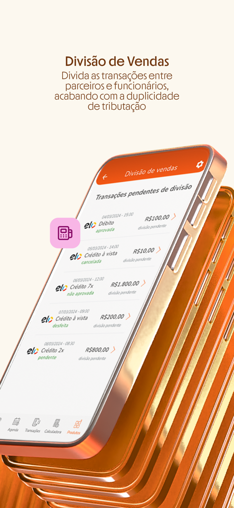 A mobile app screen showing the sales division feature for dividing transactions among partners.