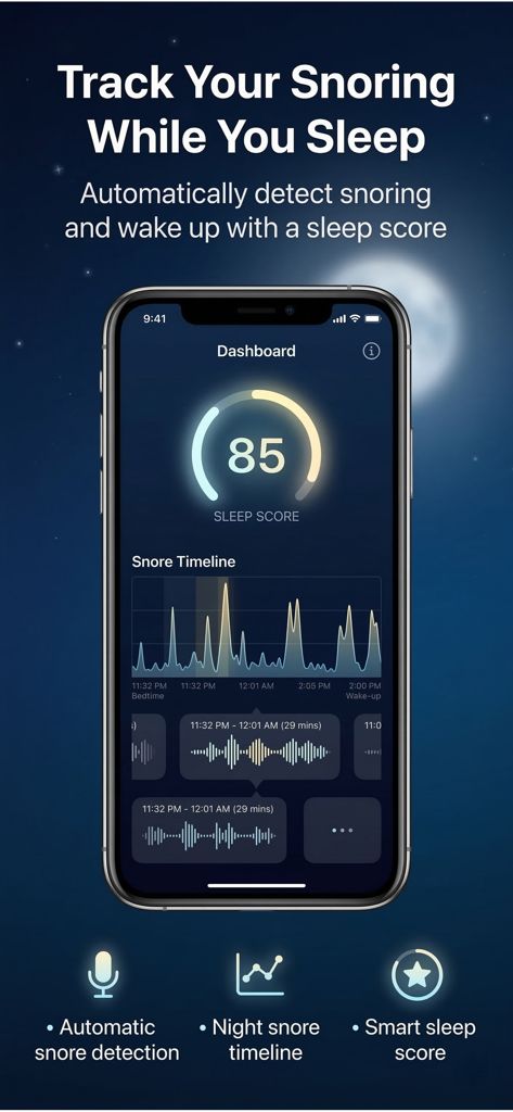 Snore Recorder,Sleep Tracker - SnoreDetect app dashboard showing sleep score and snore timeline