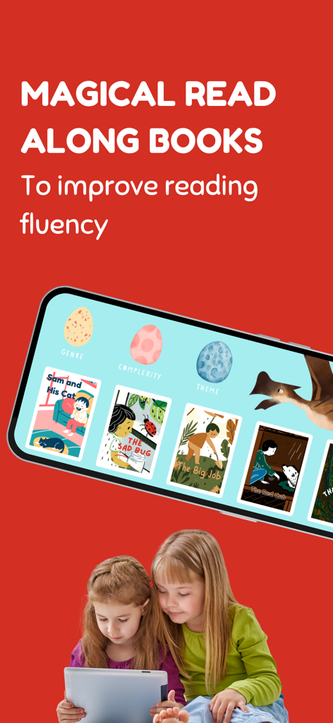 Learn to Read: Wild Phonics - Dos niñas usando una tableta para leer junto a historias mágicas en la aplicación Wild Phonics