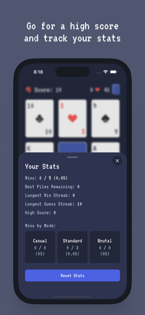 Beat the Box – card game - Statistics screen for Beat the Box card game showing wins and high scores