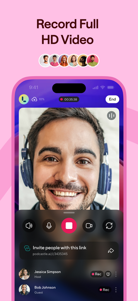 Podcastle: Podcast Recordings - Podcastle app interface for recording full HD video interviews on a smartphone