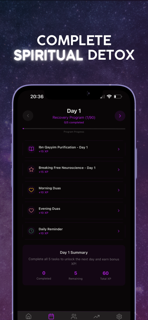 The Purify app interface showing the first day of a spiritual detox recovery program with daily tasks and XP progress