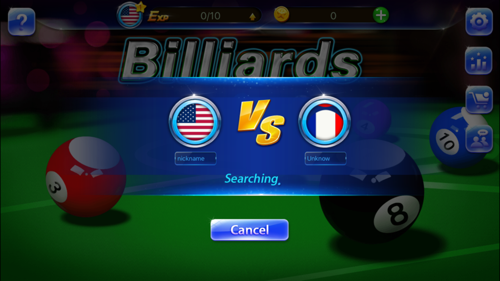 Online multiplayer matchmaking screen for 8 Ball Star pool game