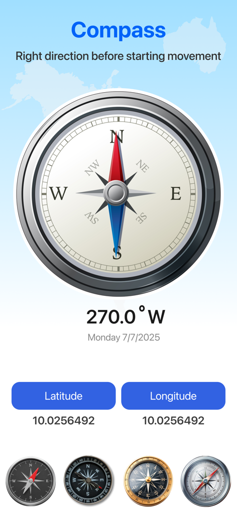GPS Maps & Voice Navigation - Digital compass interface with latitude and longitude coordinates in a navigation app