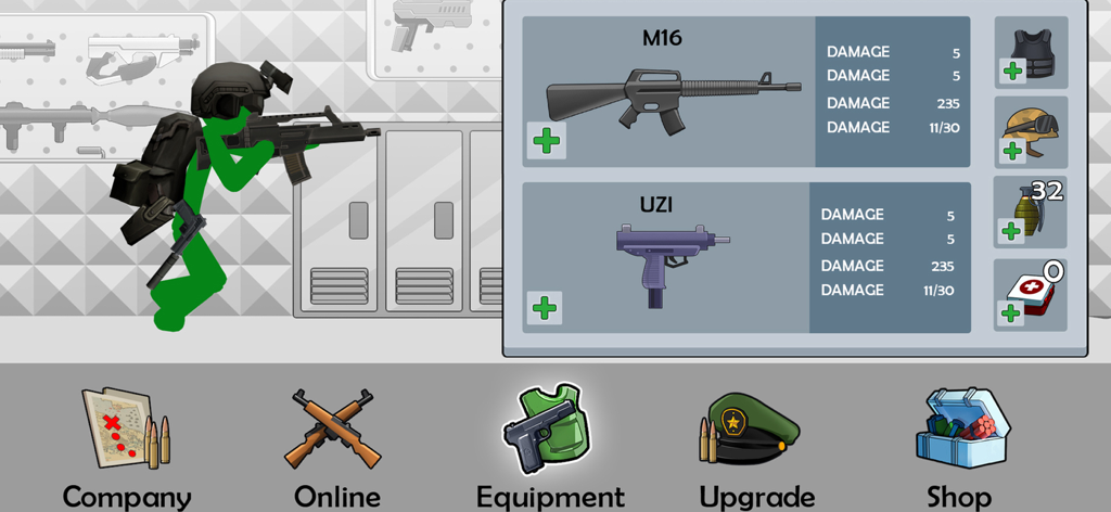 Stick Warfare Battle Strike - Weapon and gear selection menu in Stick Warfare Battle Strike showing M16 and Uzi
